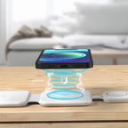 Foldable 3-in-1 Wireless Charging Station used on a desk setup, alternate view