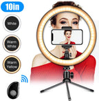 10-inch desktop ring light with tripod stand and phone clamp, three colour modes