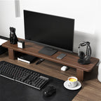 Solid Wood Monitor Riser Shelf used on a desk setup, alternate view