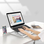 Adjustable Aluminium Laptop Stand used on a desk setup, alternate view