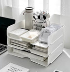 Clear Acrylic Desktop Storage Rack used on a desk setup, alternate view