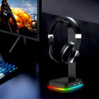 RGB Headset Stand with USB Charging Ports used on a desk setup, alternate view