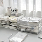Clear Acrylic Desktop Storage Rack used on a desk setup, alternate view