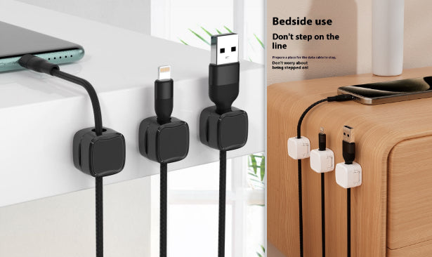 Magnetic Cable Management Clips used on a desk setup, alternate view