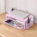 Monitor Riser with Storage Drawers used on a desk setup, alternate view