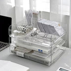 Clear Acrylic Desktop Storage Rack used on a desk setup, alternate view